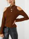 Solid Color Off Shoulder Long Sleeve Casual Blouse For Women - Brown