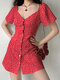 Allover Floral Print Button Front Short Sleeve Dress - Red