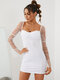 الصلبة شبكة غرزة عارية الذراعين طوق مربع البسيطة فستان مثير - أبيض