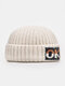 Unisex Knitted Solid Color Letter Jacquard Brimless Flanging Outdoor Warmth Brimless Beanie Landlord Cap Skull Cap - White