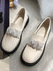 Women Casual Fashion Rhinestone Decor Comfortable Loafers Flat Shoes - Matte Beige