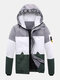 Mens Letter Print Color Block Patchwork Warm Hooded Puffer Jacket With Pocket - Gray