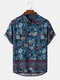 Mens Floral Paisley Print Stand Collar Ethnic Short Sleeve Henley Shirts - Blue