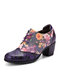 Socofy Women Vintage Floral Print Leather Patchwork Lace Up Chunky Heel Pumps - Purple