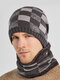 Men 2PCS Plaid Plus Velvet Thick Winter Outdoor Keep Warm Neck Protection Headgear Scarf Knitted Hat Beanie - Gray