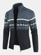 Mens Tribal Print Knitted Zipper Up Thick Rib Hem Casual Sweater Cardigan - Navy