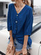 Solid Color V-neck Button Three Quarter Sleeve Casual T-shirt For Women - Navy