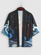 Lockerer Herren-Kimono mit japanischem Wellenkarpfen-Blumenmuster und offener Vorderseite - Schwarz