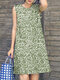 Women Abstract Print Crew Neck Casual Sleeveless Dress - Green