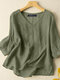 Blusa de manga 3/4 lisa de algodón con cuello en V y ribete de encaje para mujer - ejercito verde