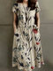 Flower Print Pocket Drawstring Short Sleeve Midi Dress - Beige