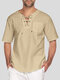 Mens Solid Drawstring V-Neck Cotton Short Sleeve T-Shirt - Khaki