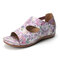 LOSTISY Large Size Hook Loop Flower Pattern Adjustable Summer Sandals - Purple flower