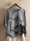 Women Butterflies Cat Print Button O-neck Half Sleeve Casual T-Shirt - Gray