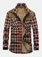 Mens 100% Cotton Plaid Patchwork Lapel Plush Lined Warm Shirt Jackets - Red