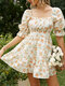 Floral Print Bow Open Back Puff Sleeve Square Collar Dress - Orange
