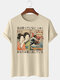 Herren-T-Shirt mit japanischer Figur, Katze, Ukiyoe-Aufdruck, Rundhalsausschnitt, kurzärmelig, Winter - Khaki