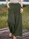 Women Solid Color Cotton Casual Wide Leg Pants - Army Green