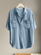 Chemise en jean ample à manches courtes et revers boutonnés avec poche unie - Bleu clair