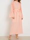 Solid Color Bell Long Sleeve Ruffle Knotted Chiffon Maxi Dress - Pink