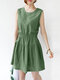 Women Solid Pleated Crew Neck Cotton Casual Sleeveless Dress - Green