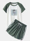 Women Print Pajamas Set Patchwork Short Sleeve O-Neck Softies Sports Loungewear Elastic Waist Bottom Sleepwear - Light Green