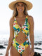 Women Flower Print Ruffle Cut Out Knot Front Backless One Piece Swimsuit - Yellow