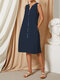 Solid Color Multi-color Button V-neck Sleeveless Casual Dress For Women - Navy