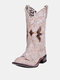 Botas de vaqueiro femininas de tamanho grande retrô quadradas com bico médio para panturrilha - Branco