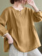 Lace Trim Long Sleeve Casual Crew Neck Blouse - Yellow
