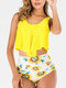 Women Bikini Wide Shoulder Straps Irregular Hem Top High Waist Swimsuit - Yellow