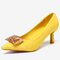 Women Ladies Metal Decoration Slip On Pointed Toe High Heels Pumps - Yellow