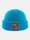 Unisex Acrylic Knitted Solid Color Cartoon Number Embroidery Warmth Brimless Beanie Landlord Cap Skull Cap - Blue