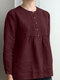 Blusa casual de manga larga plisada con botones lisos en la parte delantera - Vino rojo