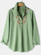 Flower Embroidered Long Sleeve Lapel Shirt For Women - Green