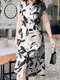 Women Plant Print Button Design Split Hem Casual Short Sleeve Dress - Black