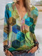 Geometric Printed Long Sleeve V-neck Zip Front Blouse For Women - Green