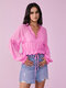 Solid Tie-Front Ruffle Trim Smocked Lantern Sleeve Blouse - Pink