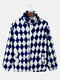 Mens Argyle Pattern Zip Up Stand Collar Preppy Fleece Plush Jacket - Blue