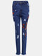 Casual Embroidered Hollow Middle Waist Women Jeans - Blue
