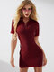 Contrast Color Zip Front Short Sleeve Lapel Mini Dress - Wine Red