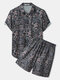 Mens Paisley Floral Print Button Up Ethnic Style Two Pieces Outfits - Navy