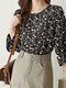 Blusa casual com estampa floral manga longa gola redonda - Preto