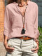 Solid Button Pocket Drawstring Long Sleeve Blouse For Women - Pink