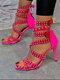 Sandálias femininas plus size sexy moda fivela rebite decoração confortável com zíper traseiro - Vermelho