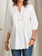 Solid Stand Collar Button 3/4 Sleeve Lace Patchwork Pleated Women Blouse - White