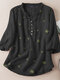 Women Frill Notched Neck Button Detail Embroidered Half Sleeve Blouse - Black