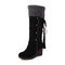 Large Size Stitching Suede Tassel Slip On Wedges Knee High Boots - Black