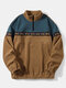 Mens Fleece Ethnic Embroidered Patchwork Half Zip Pullover Sweatshirts - Brown