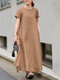 Solid Pocket Round Neck Short Sleeve Casual Cotton Maxi Dress - Coffee